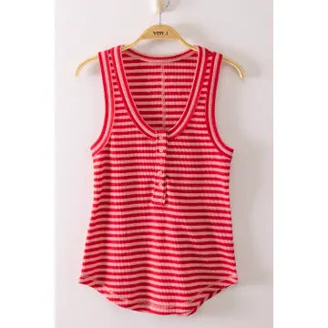 Striped & Solid Button Down Fitted Knit Tank Top Pink/Red