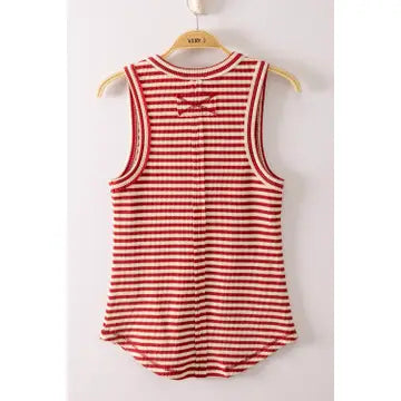 Striped & Solid Button Down Fitted Knit Tank Top Red/White