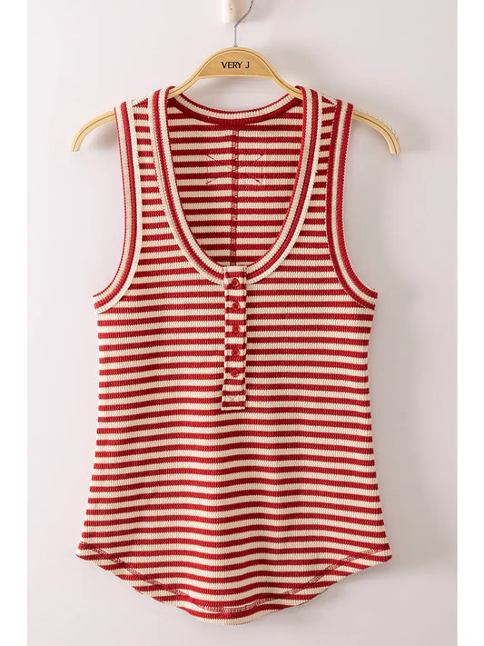 Striped & Solid Button Down Fitted Knit Tank Top Red/White