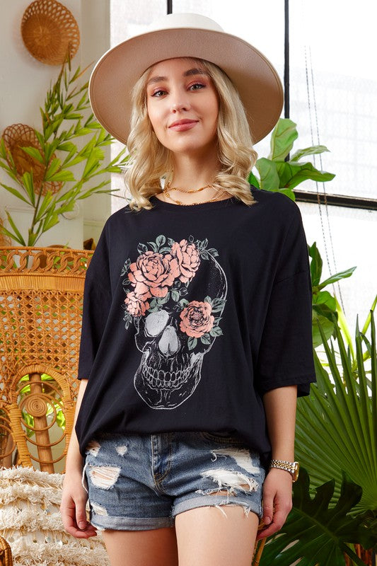 Black Floral Skull Tee