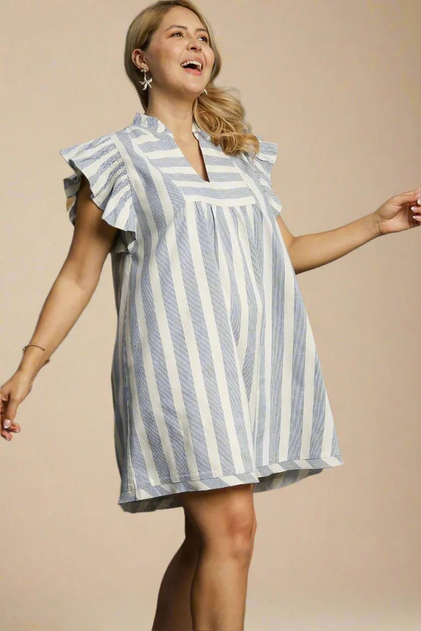 Umgee Blue Strip Mini Dress W/Flutter Sleeve