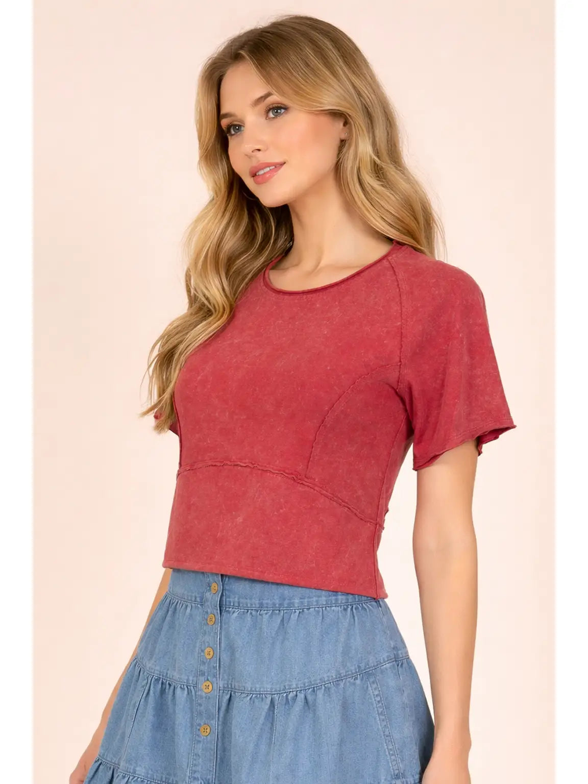 Cherry Mineral Washed Knit Fitted Casual Crop Top