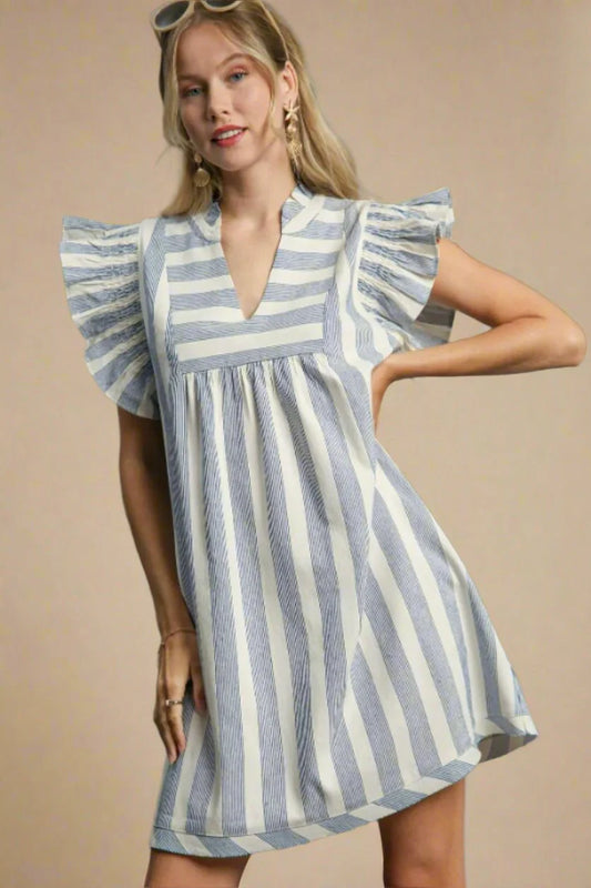 Umgee Blue Strip Mini Dress W/Flutter Sleeve