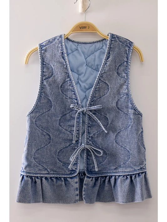 Denim Women Vest with Ruffle Hem